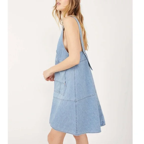 FREE PEOPLE Blue Bloom Pocket Full of Sunshine Denim Button-Up Shift Dress M - Picture 6 of 9